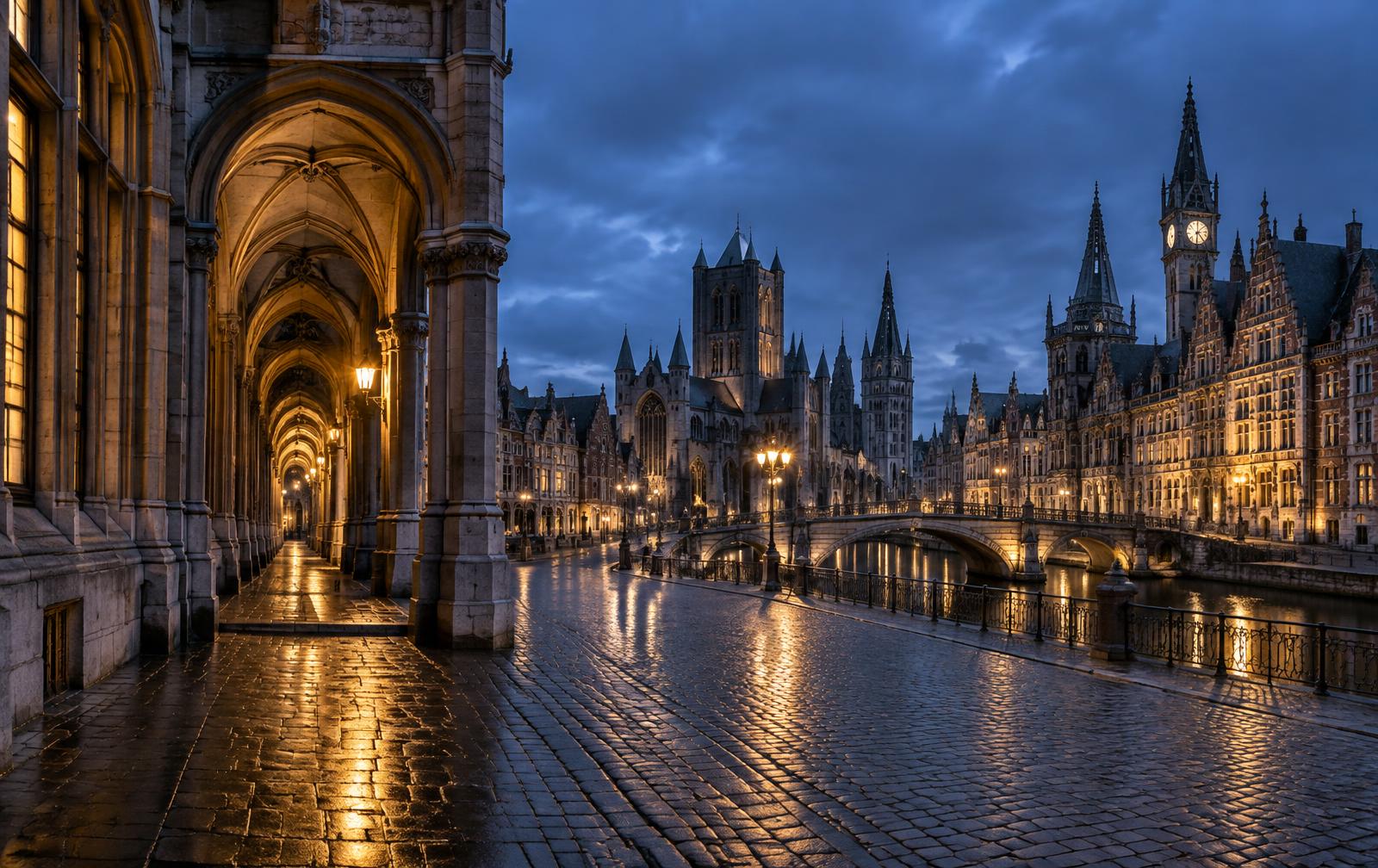Historic Belgian architecture at evening