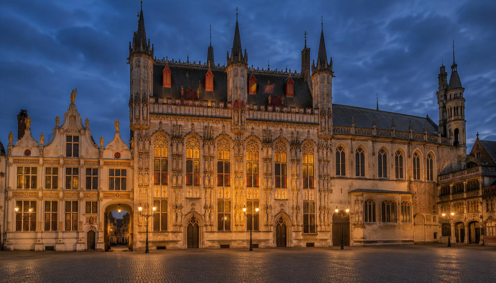 Bruges courthouse at dusk