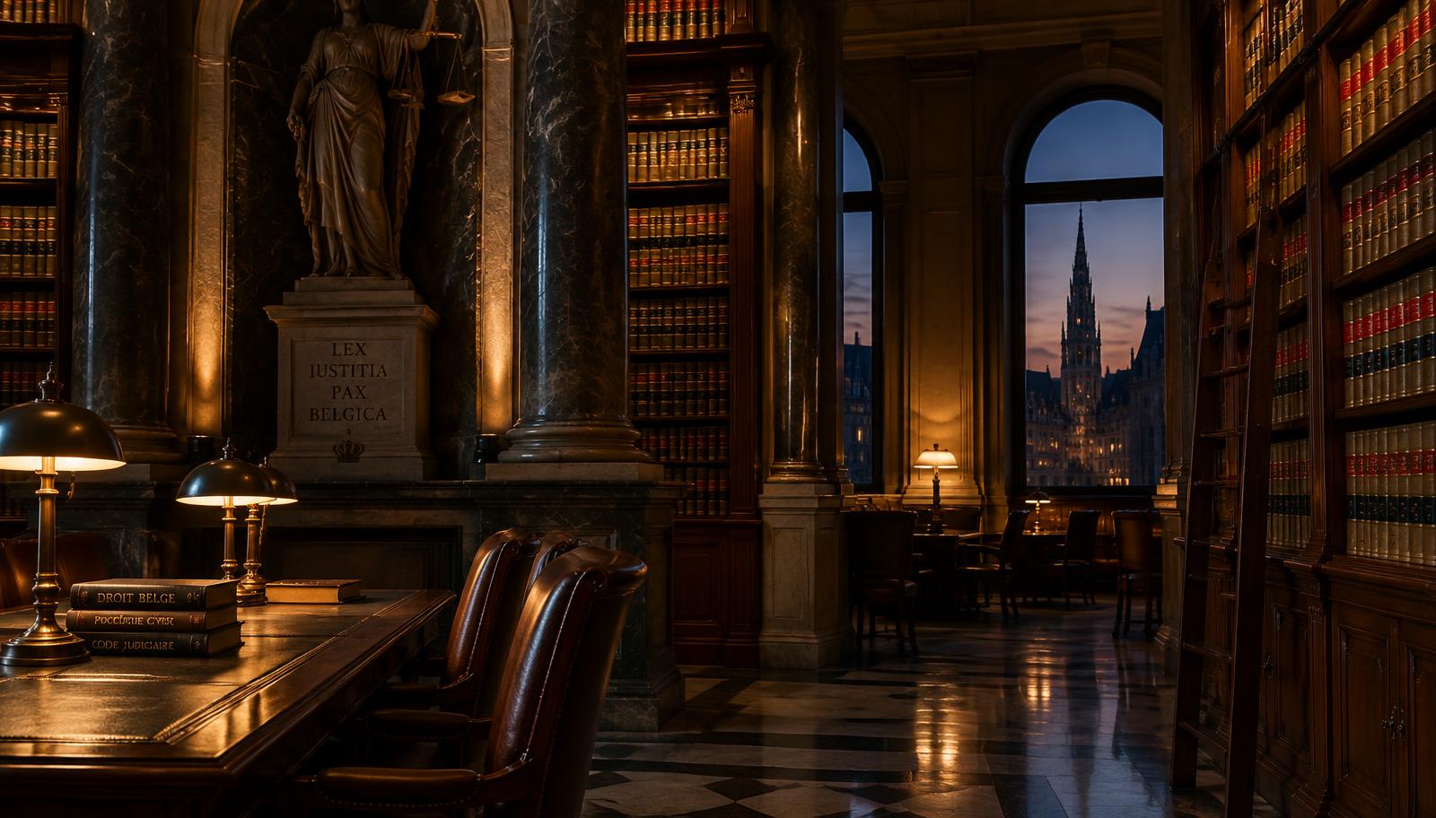 Interior of a grand Belgian law library at twilight